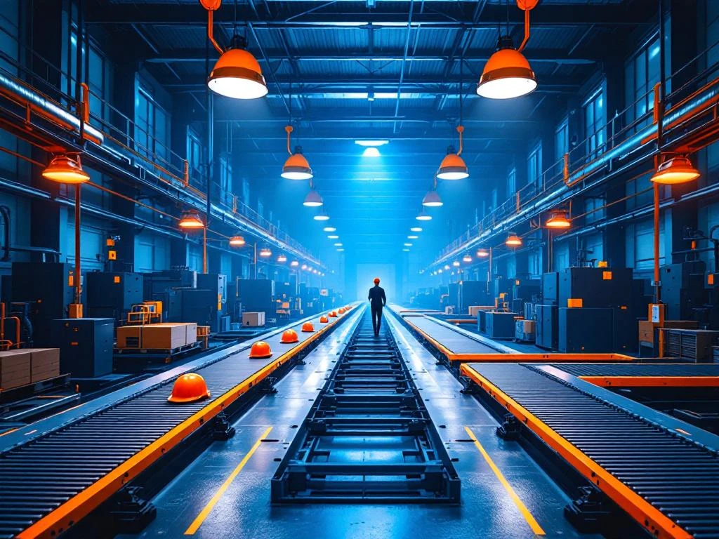 Moderne Nederlandse productiefaciliteit met blauwe machines, oranje veiligheidsuitrusting en heldere werkstations