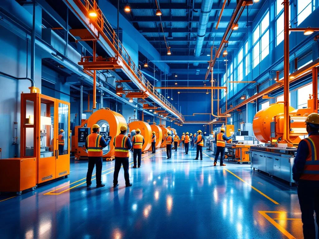 Moderne industriële productiefaciliteit met werknemers in veiligheidskledij die samenwerken rond machines en transportsystemen