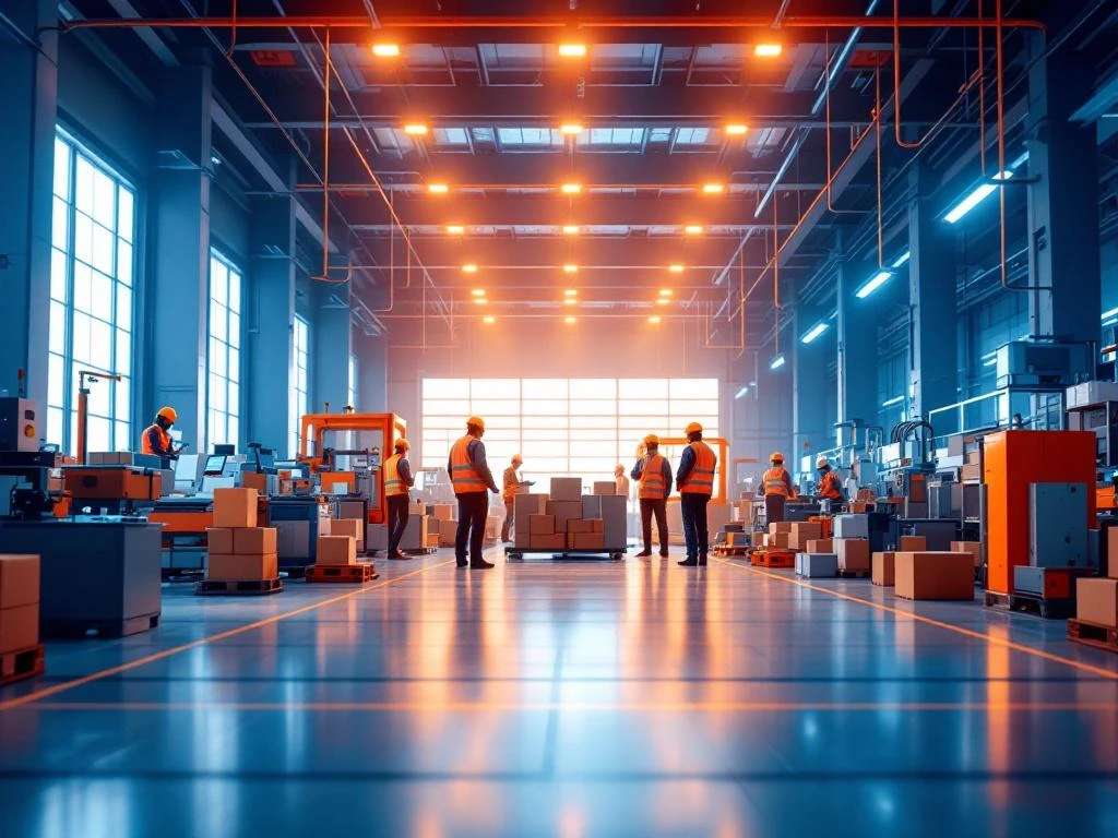 Moderne industriële productiefaciliteit met arbeiders in veiligheidsuitrusting die machines bedienen in lichte, geometrische ruimte