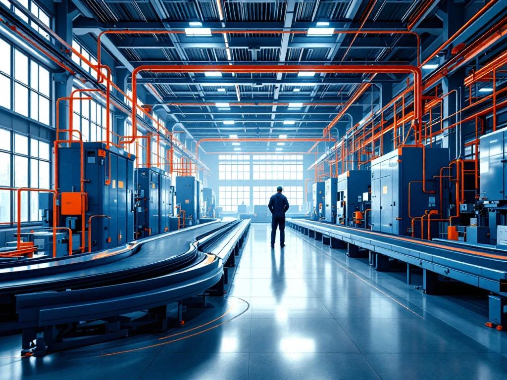 Moderne productiefaciliteit met blauwe industriële apparatuur, oranje veiligheidsuitrusting en transportbanden