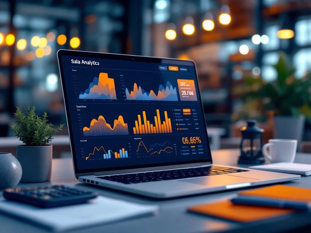 Laptop met kleurrijke salarisgrafieken en data-analyses op modern bureau met calculator en notitieblok