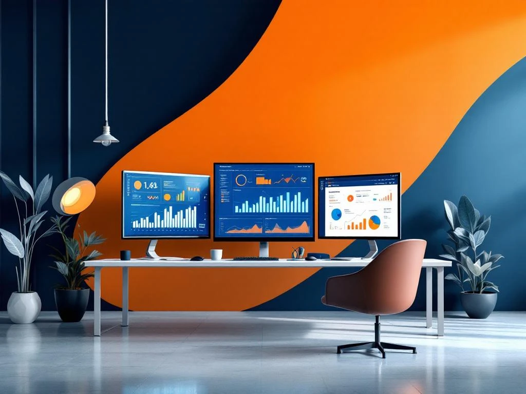 Moderne kantooromgeving met analist werkplek, meerdere monitoren met datavisualisaties en grafieken in blauw-oranje design
