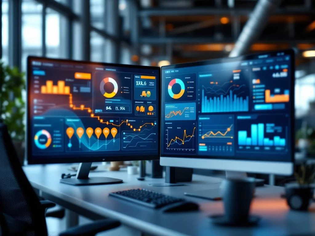 Moderne kantooromgeving met meerdere monitoren die logistieke datavisualisaties en supply chain analyses tonen