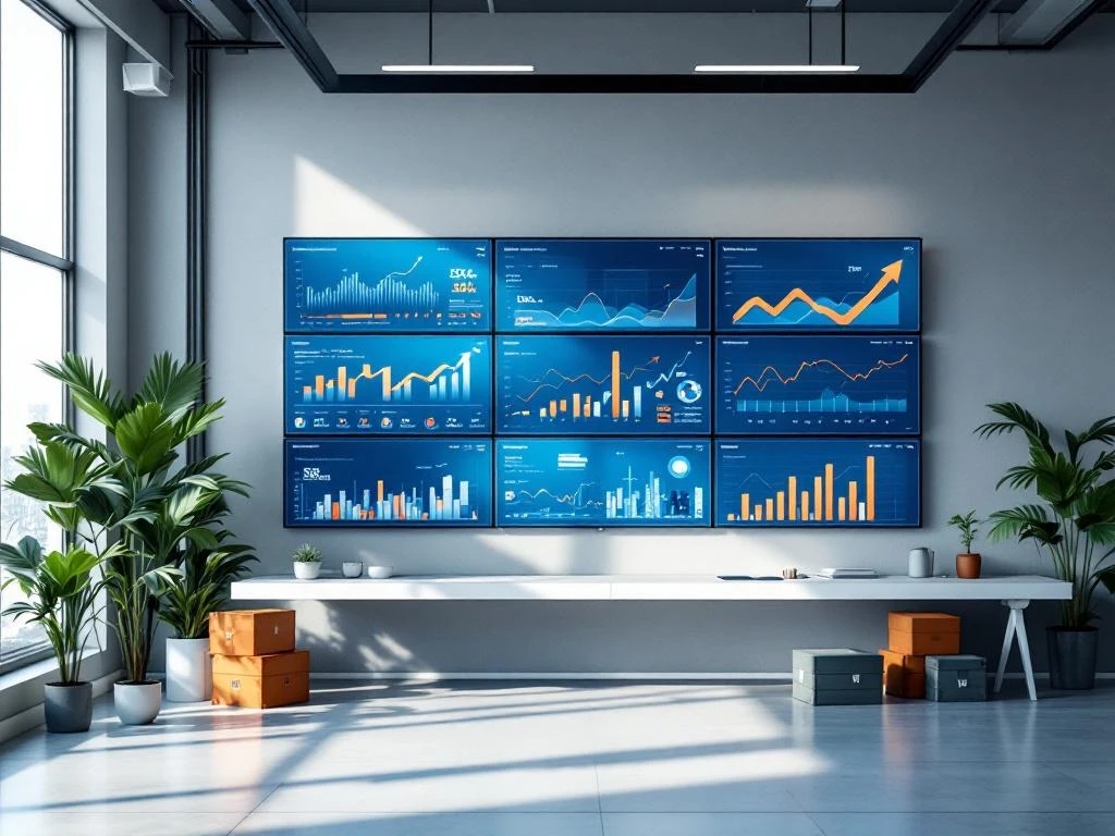 Moderne kantooromgeving met financiële dashboards en supply chain analytics op meerdere monitoren met grafieken