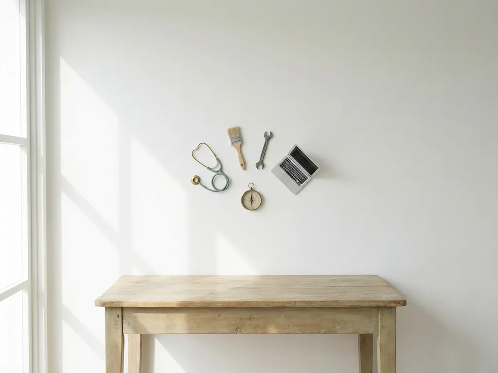 Miniatuur carrièrevoorwerpen zoals stethoscoop, penseel en laptop wijzen naar kompas op houten bureau in zacht daglicht