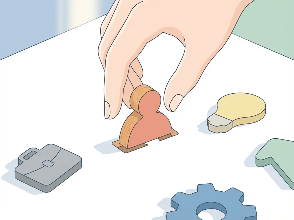Hand plaatst persoonsvormig puzzelstukje in sleuf op wit bureau, omringd door carrièresymbolen in minimalistische vectorstijl