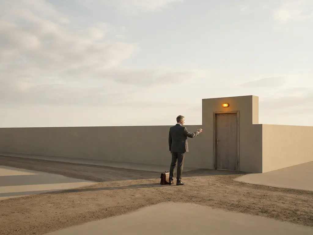 Zakenman op kruispunt laat aktetas los en reikt naar nieuwe deur, ochtendlicht werpt schaduwen in minimalistisch landschap