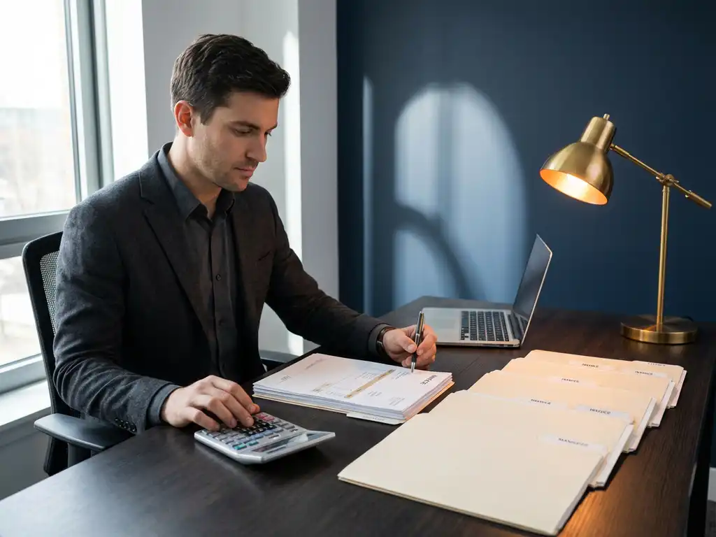Financieel administrateur bekijkt facturen aan modern bureau met rekenmachine, mappen en laptop in stijlvol kantoor