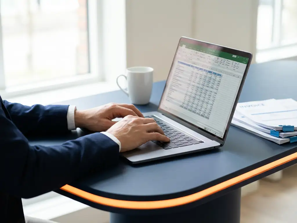 Handen van financieel administrateur boven laptop met spreadsheet, facturen en koffiemok op modern marineblauw bureau