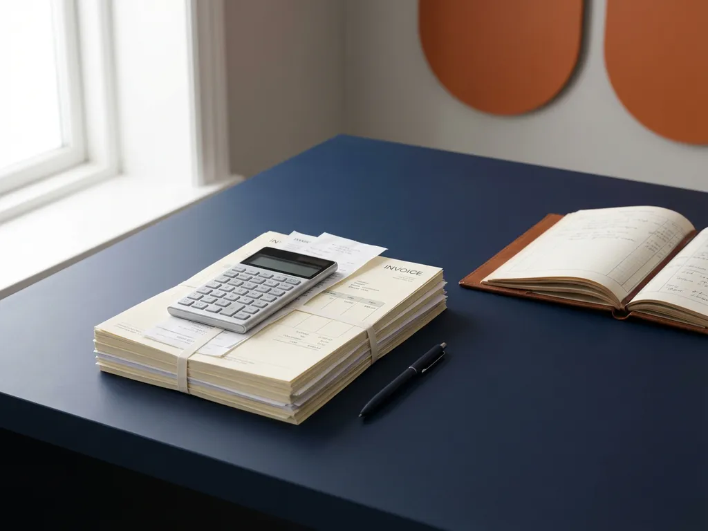 Georganiseerd bureau van financieel administrateur met facturen, grootboek, rekenmachine en pen op marineblauw oppervlak