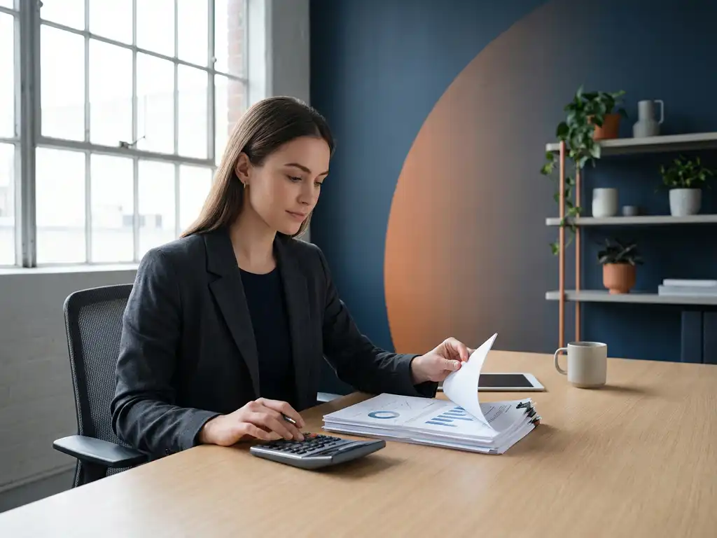 Jonge professional bekijkt financiële documenten aan modern bureau met rekenmachine, natuurlijk licht, minimalistische kantooromgeving