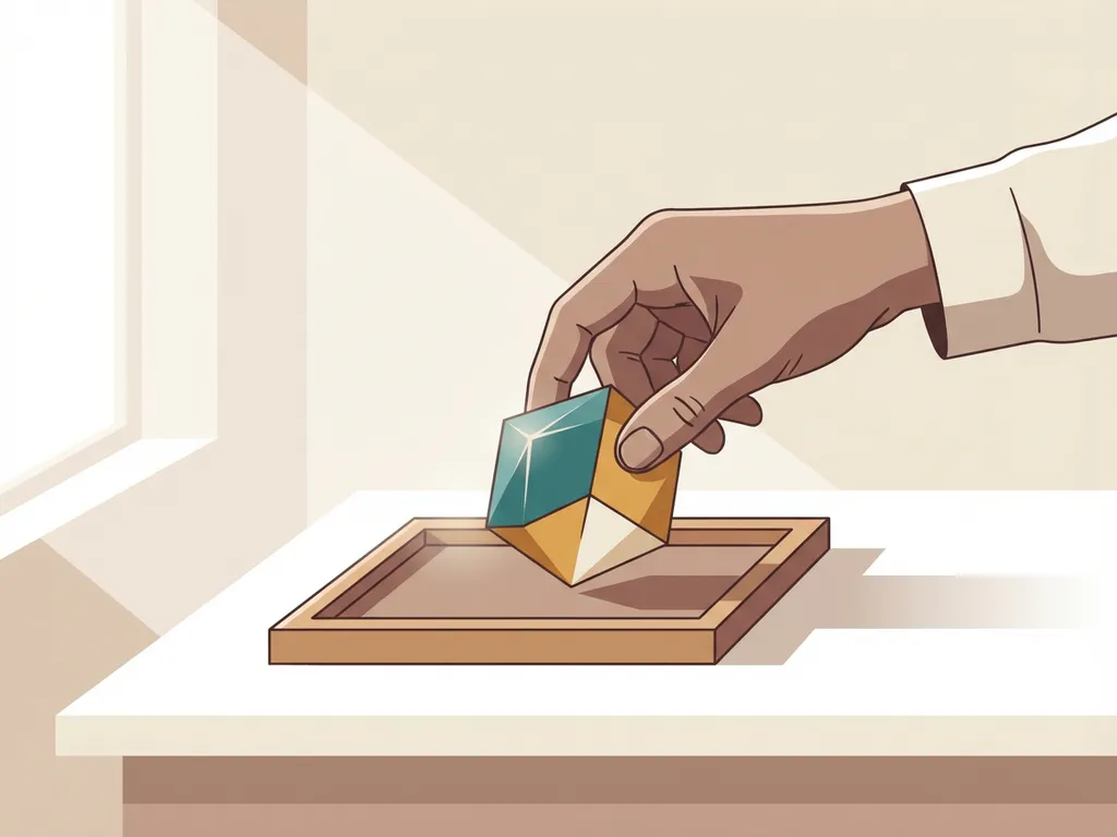 Hand plaatst geometrisch puzzelstukje in houten frame op minimalistisch wit bureau, zachte natuurlijke belichting