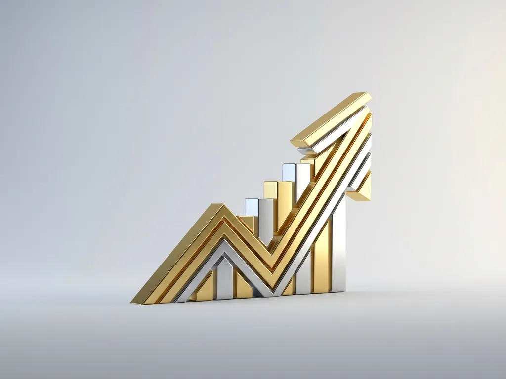 Opwaarts wijzende pijl van geometrische balken in goud en zilver, minimalistische 3D-render op grijze achtergrond