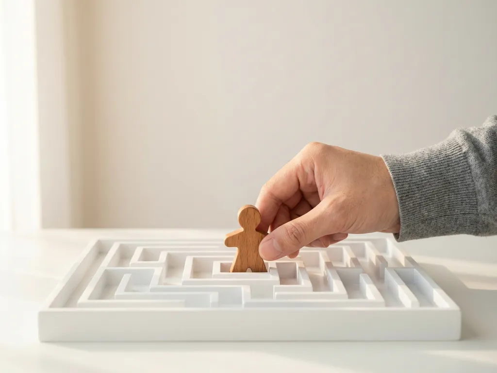 Hand plaatst houten poppetje op kruispunt van witte doolhofpuzzel, minimalistische compositie met zachte schaduwen