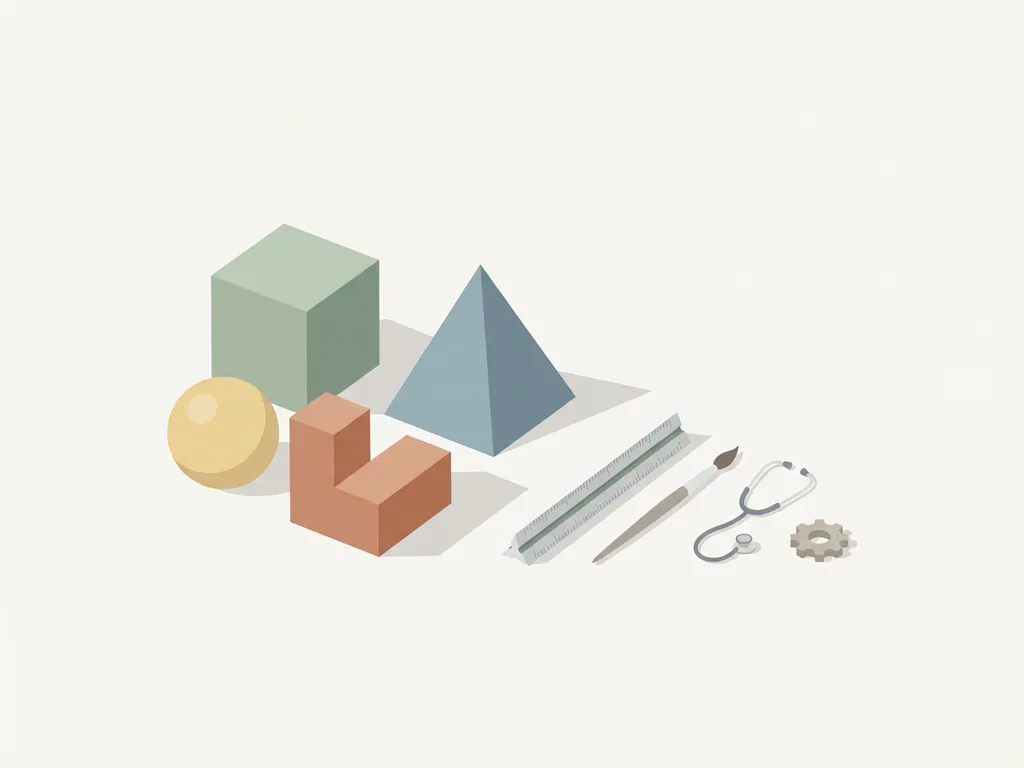 Geometrische houten puzzelstukjes in pasteltinten naast miniatuur beroepssymbolen op wit oppervlak met zachte schaduwen