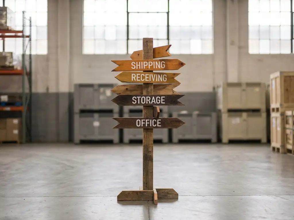 Houten wegwijzer met richtingpijlen op een kruispunt in een minimalistische magazijnruimte met natuurlijk licht