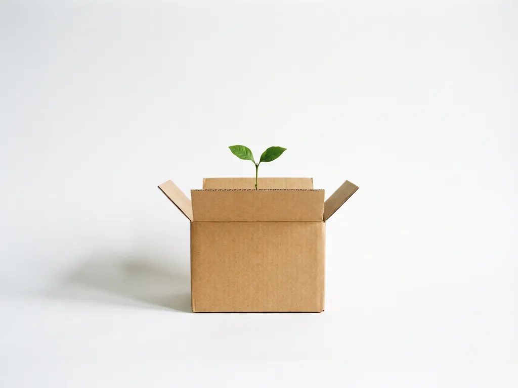 Kartonnen verzenddoos met groene kiemplant die uit de bovenkant groeit, op witte achtergrond met zachte schaduw