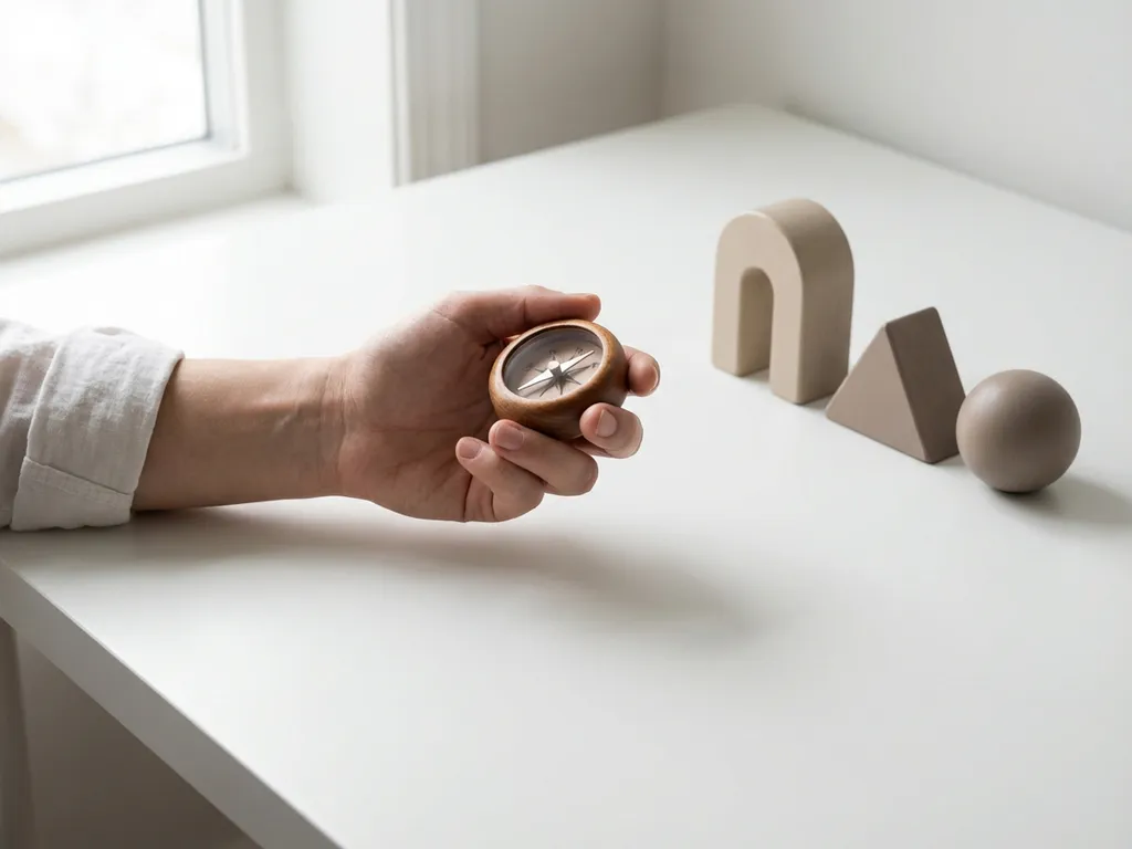 Hand houdt houten kompas boven wit bureau met geometrische houten blokken die carrièrepaden symboliseren in warm daglicht