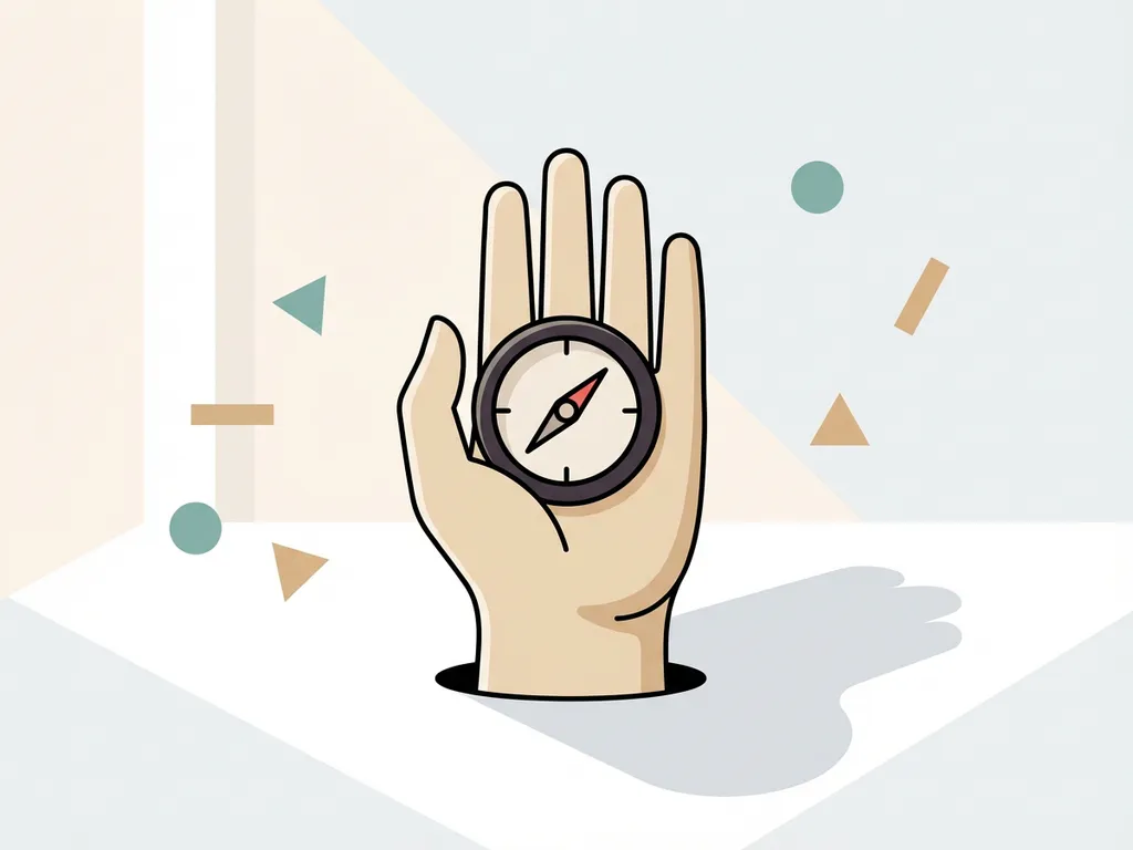 Open hand houdt klein kompas met naald naar voren gericht, minimalistische vectorillustratie in gedempte kleuren