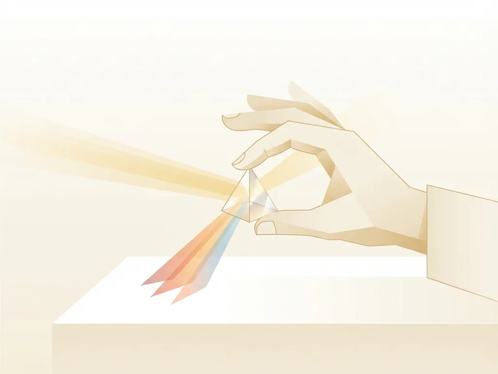 Hand houdt kristallen prisma in warm ochtendlicht met regenboogreflecties op wit oppervlak, minimalistische vectorillustratie