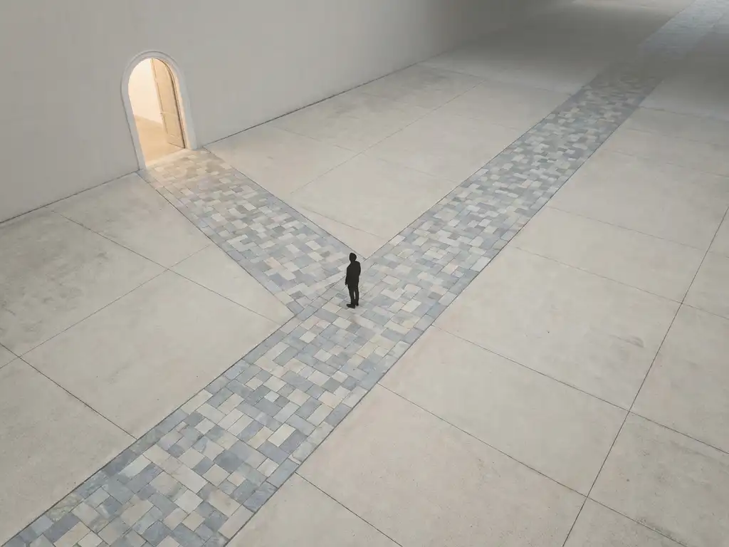 Persoon staat op kruispunt tussen twee paden, één naar verlichte deuropening, ander in schaduw, minimalistische compositie