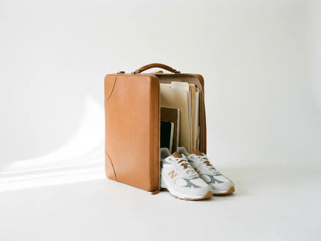 Leren aktetas met geopende zijde toont georganiseerde mappen en hardloopschoenen, zacht ochtendlicht op witte achtergrond