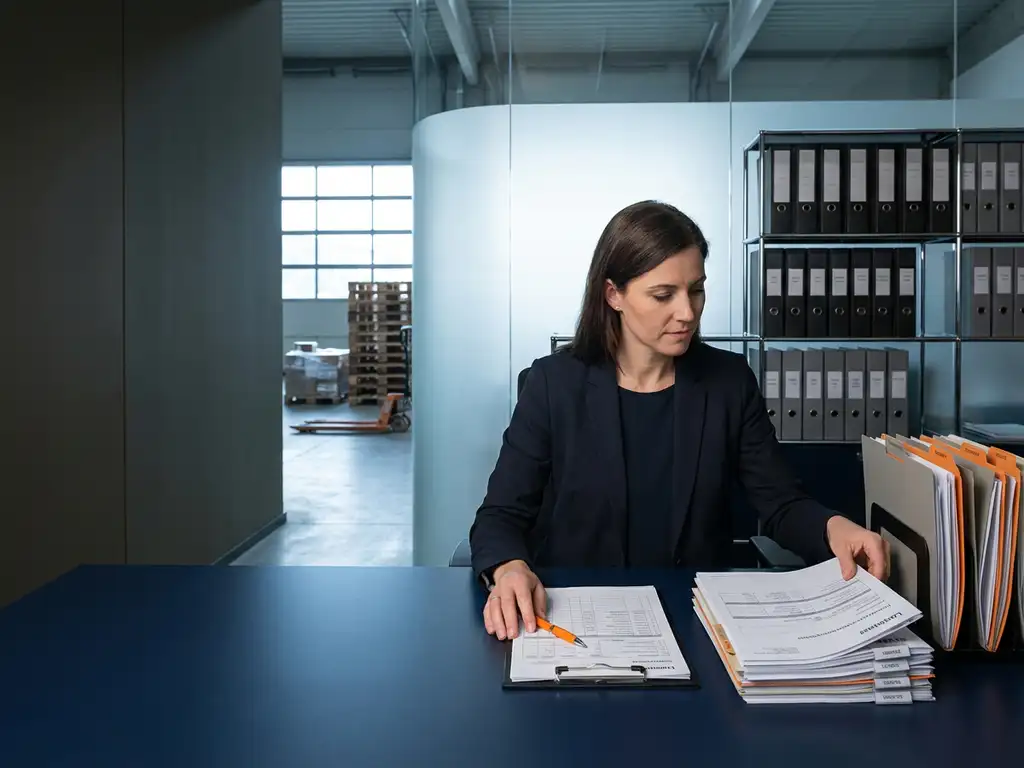 Administratief medewerker organiseert verzendocumenten aan marineblauw bureau met oranje accenten in modern logistiek kantoor