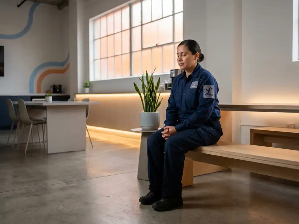 Logistiek medewerker in marineblauw uniform mediteert rustig in moderne magazijn-pauzeruimte met warm oranje accentlicht