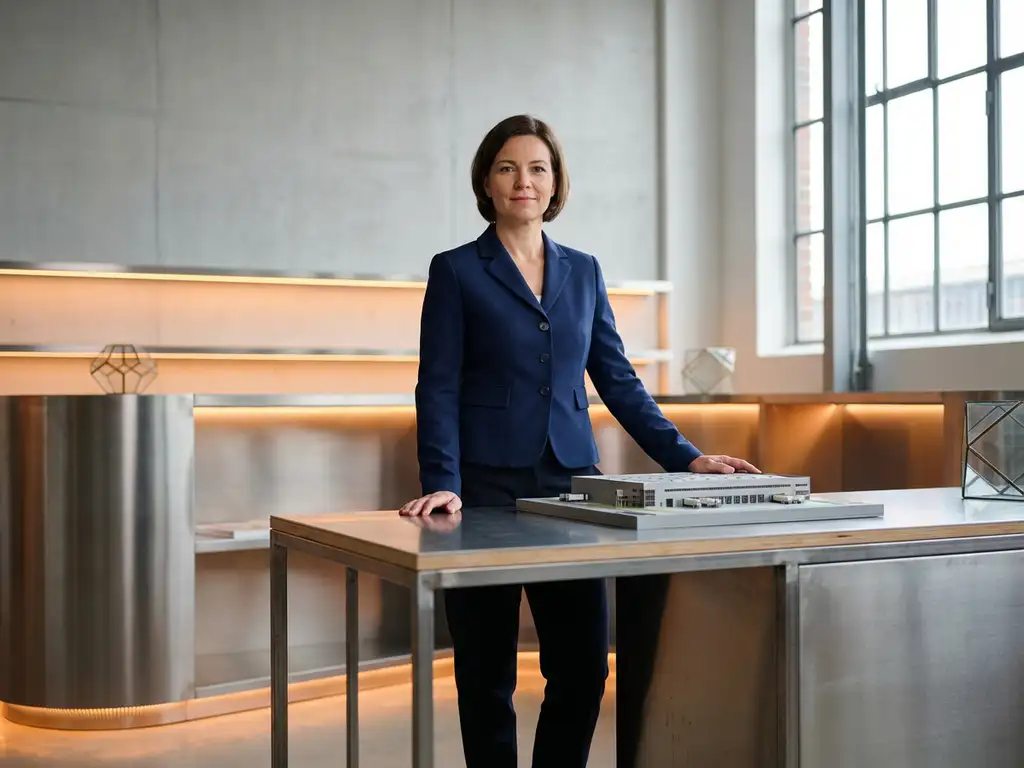 Zelfverzekerde professional in marineblauw colbert bij bureau met architectuurmodel van logistiek magazijn, industriële sfeer