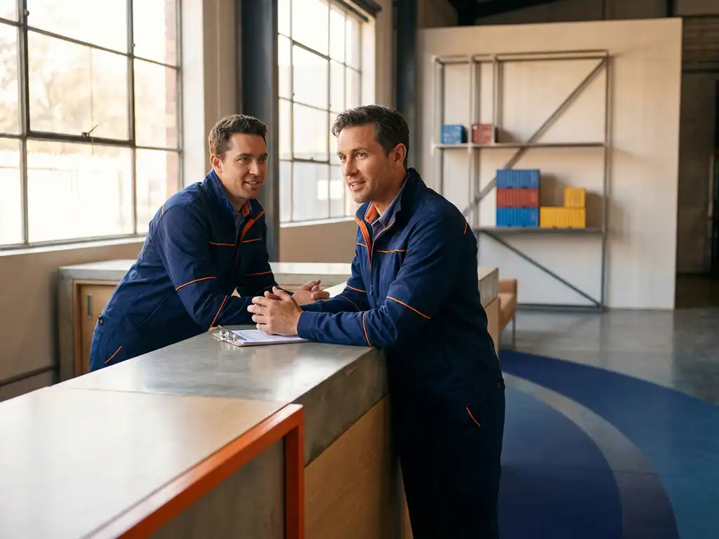 Logistiek professional in marineblauw uniform leunt aandachtig over moderne receptiebalie in industrieel magazijn met warm natuurlijk licht