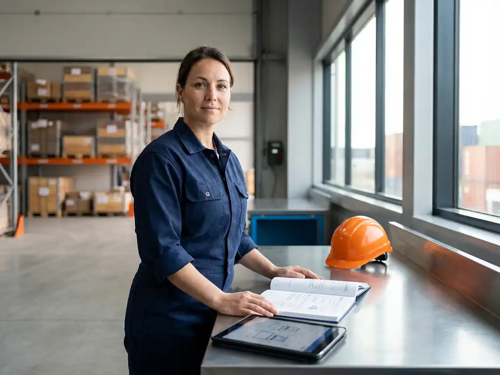Logistiek professional in blauwe werkkleding bij werkstation met technische handleiding, tablet en oranje helm in magazijn