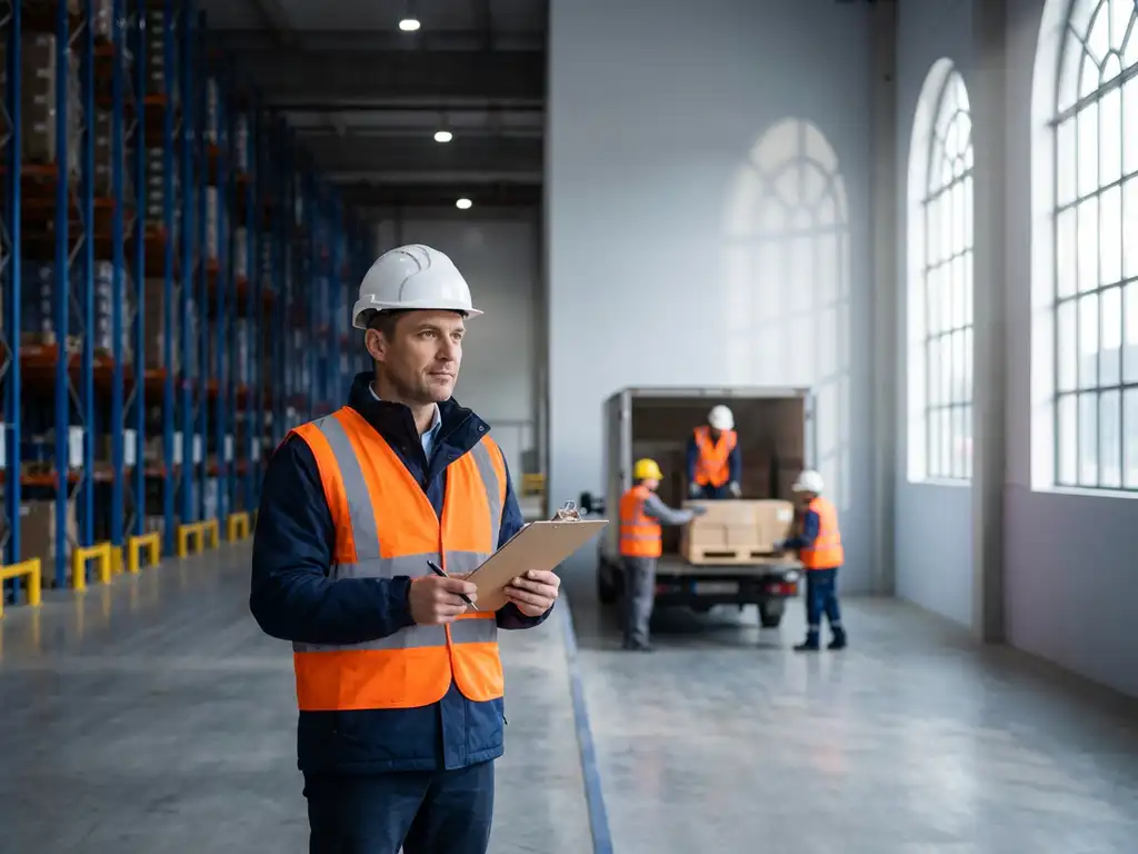 Logistiek supervisor met klembord in modern magazijn, team laadt pallets op vrachtwagen, blauwe stellingen en oranje veiligheidskleding