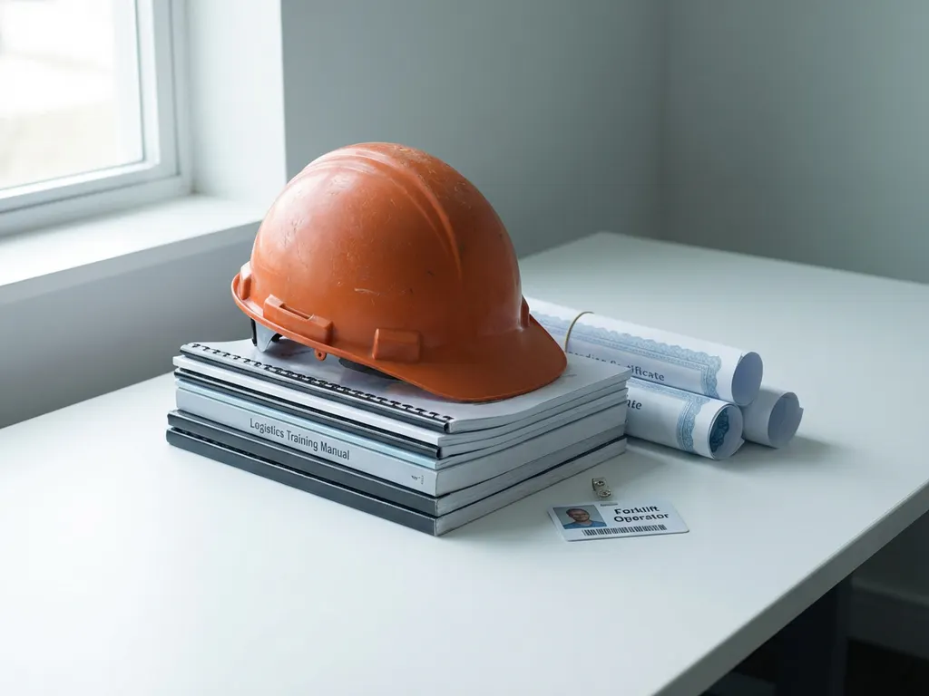 Oranje veiligheidshelm op gestapelde logistieke trainingshandleidingen met heftruckcertificaat op minimalistisch bureau