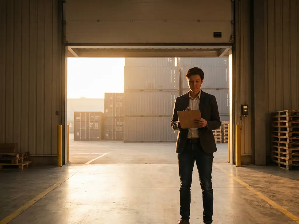 Zelfverzekerde professional met klembord staat in magazijndeuropening met ochtendlicht op containers en pallets