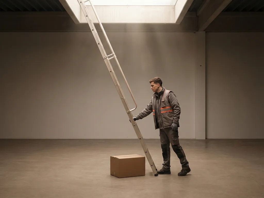 Magazijnmedewerker in oranje veiligheidsvest reikt naar ladder in helder verlicht pakhuis met kartonnen doos