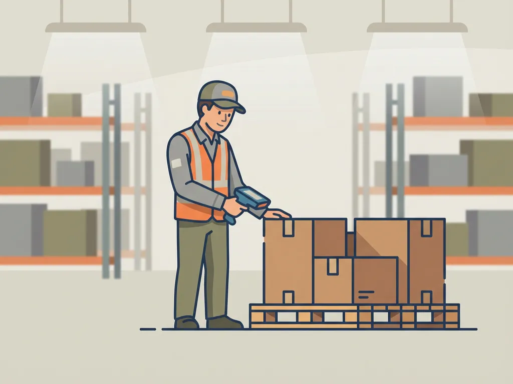Magazijnmedewerker scant kartonnen doos met handscanner, georganiseerde stellingen op achtergrond, vlakke vectorstijl