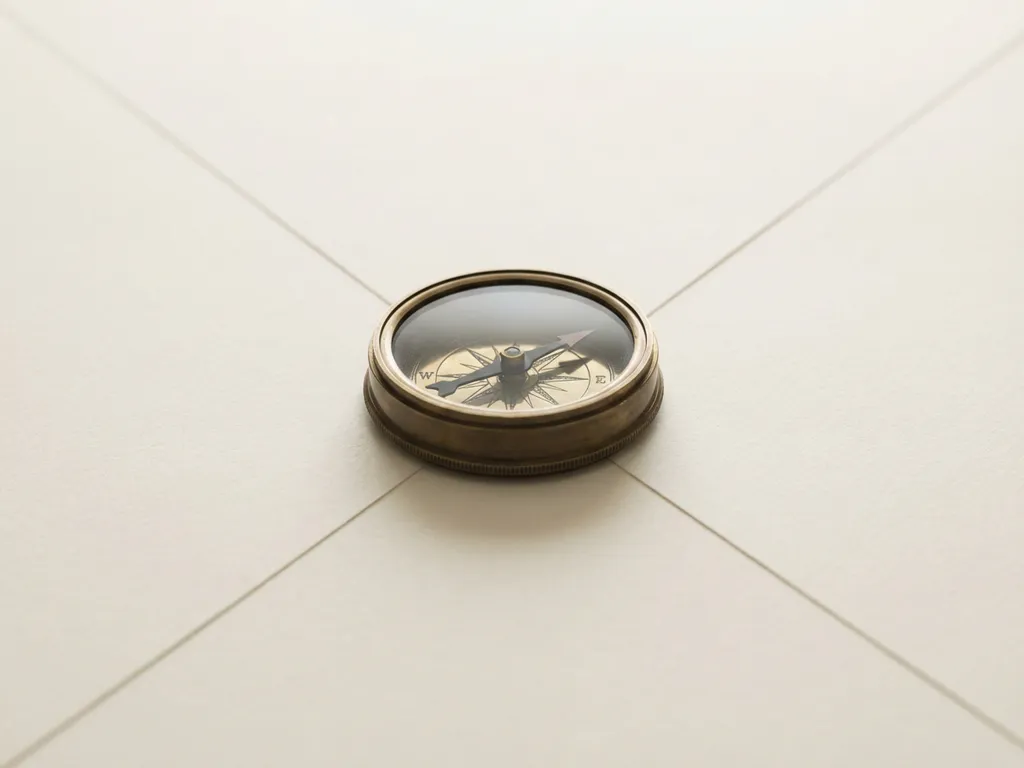 Messing kompas op kruispunt van twee paden, naald wijst beslissend één richting, minimalistische compositie met aardtinten