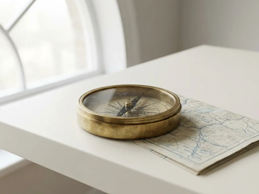 Koperen kompas met naald wijzend naar voren op wit bureau, gevouwen kaart eronder, zacht natuurlijk licht