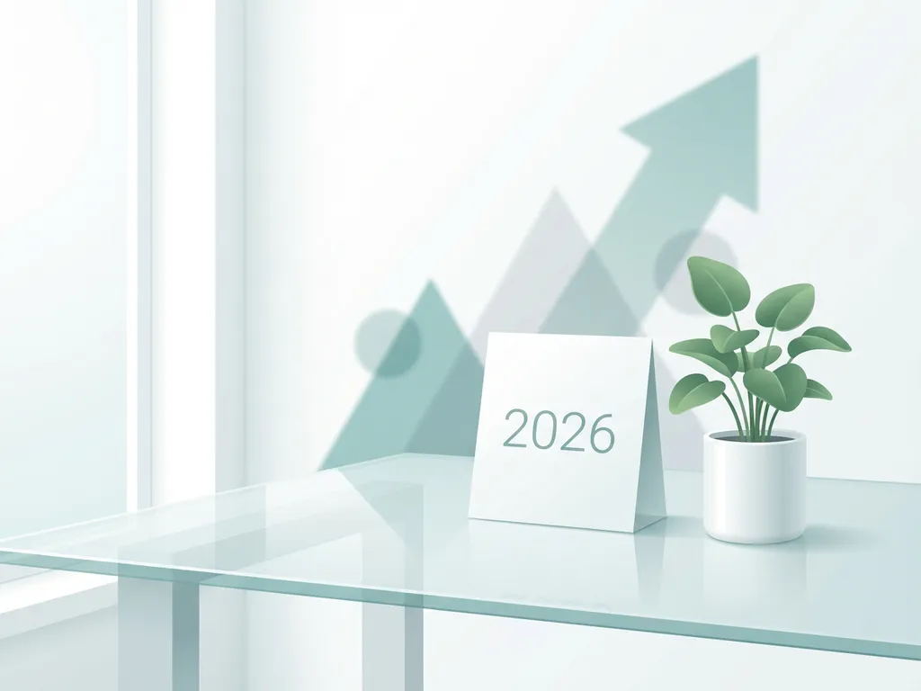 Minimalistische kalender 2026 op glazen bureau met potplant, zachte teelkleurige achtergrond met opwaartse geometrische vormen