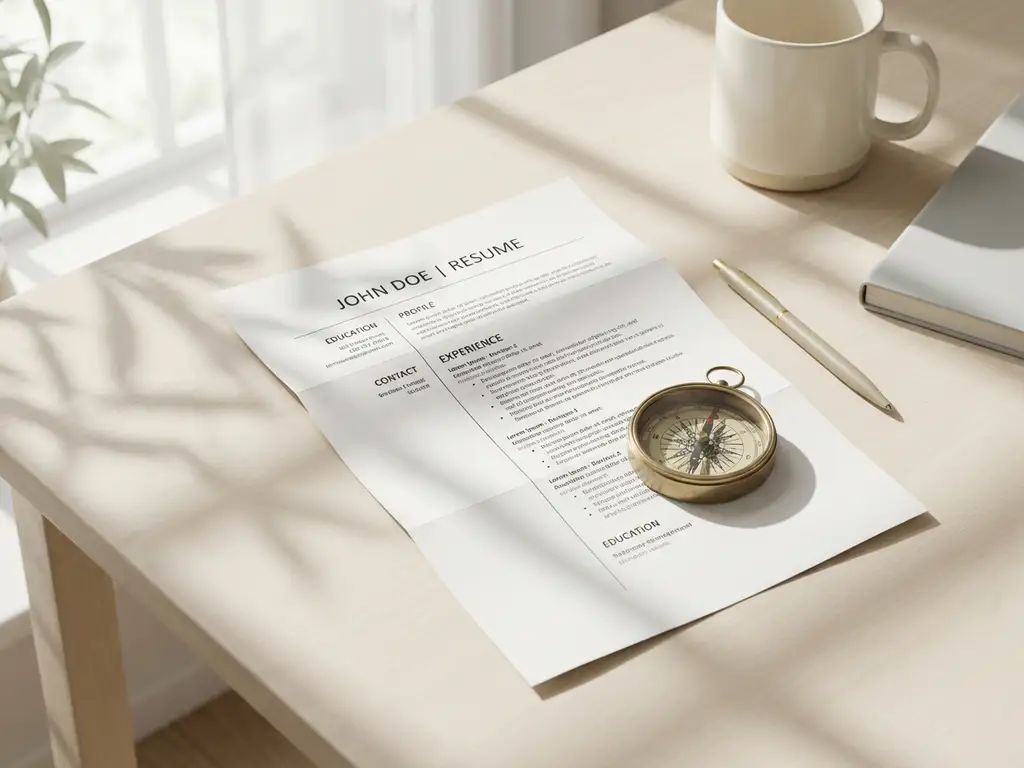 Wit cv-document op minimalistische bureau met kompas erop, zachte neutrale tinten en elegante schaduwen in daglicht