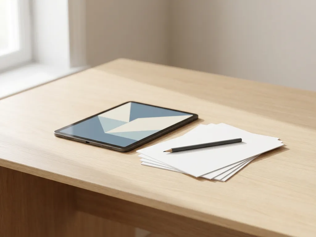 Tablet met geometrische patronen naast papieren vragenlijsten en potlood op houten bureau in zacht natuurlijk daglicht