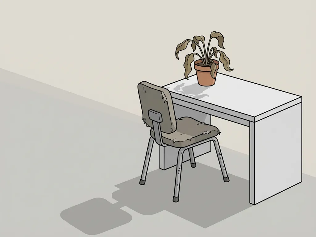 Versleten bureaustoel bij minimalistisch wit bureau met verwelkte plant, zachte grijze tinten in vlakke vectorstijl