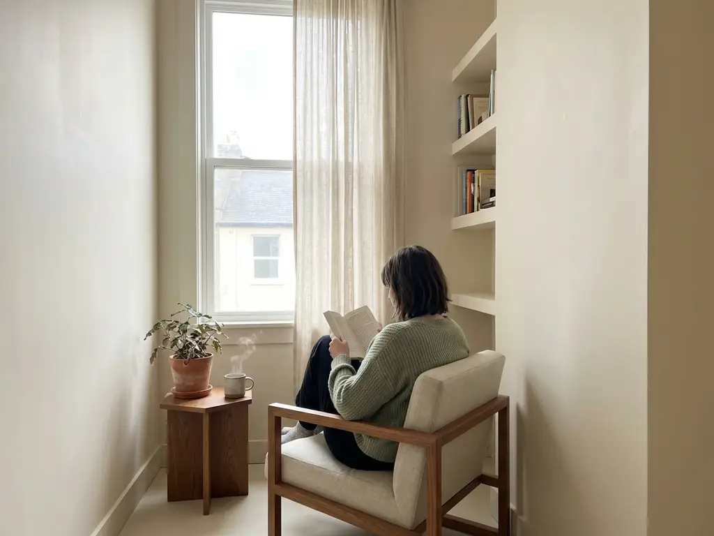 Persoon zit ontspannen in minimalistische leeshoek met natuurlijk licht, thee en plant in aardse tinten