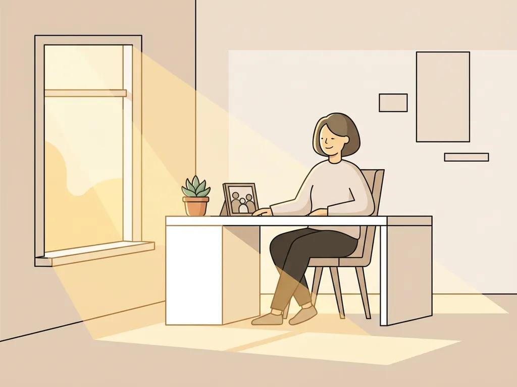 Persoon met ontspannen glimlach aan wit bureau in minimalistische thuiskantoor, natuurlijk licht, plant en ingelijste foto