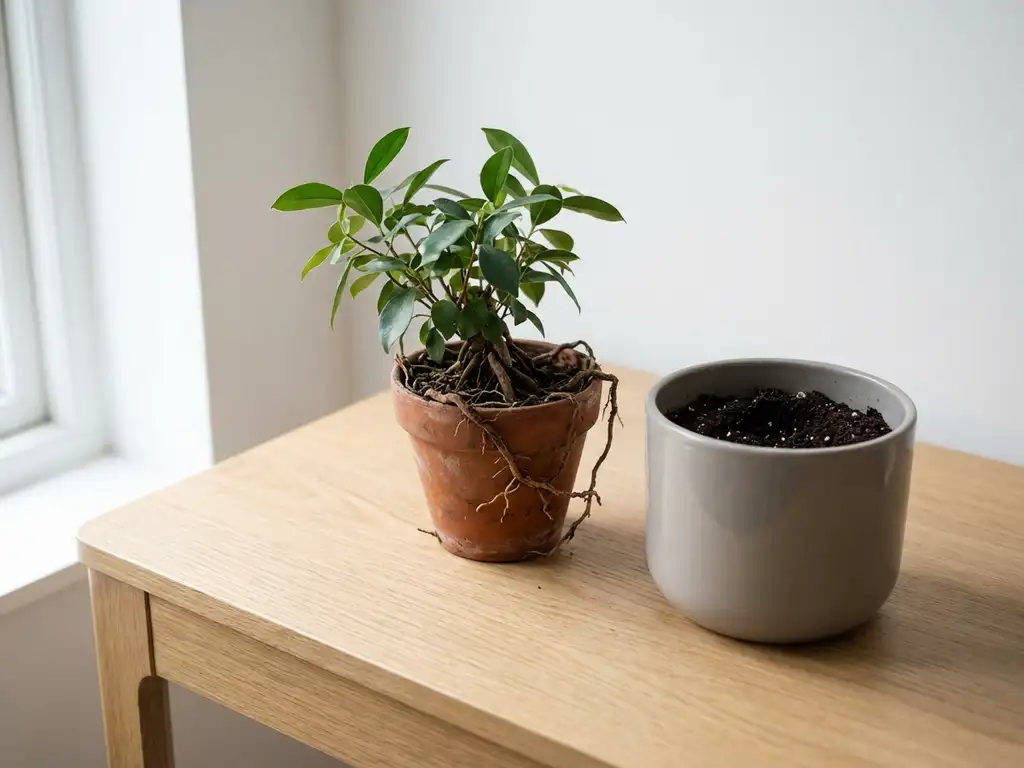 Ingepotte plant met overgroeide wortels naast grotere pot met verse aarde op houten bureau, klaar voor verpotten