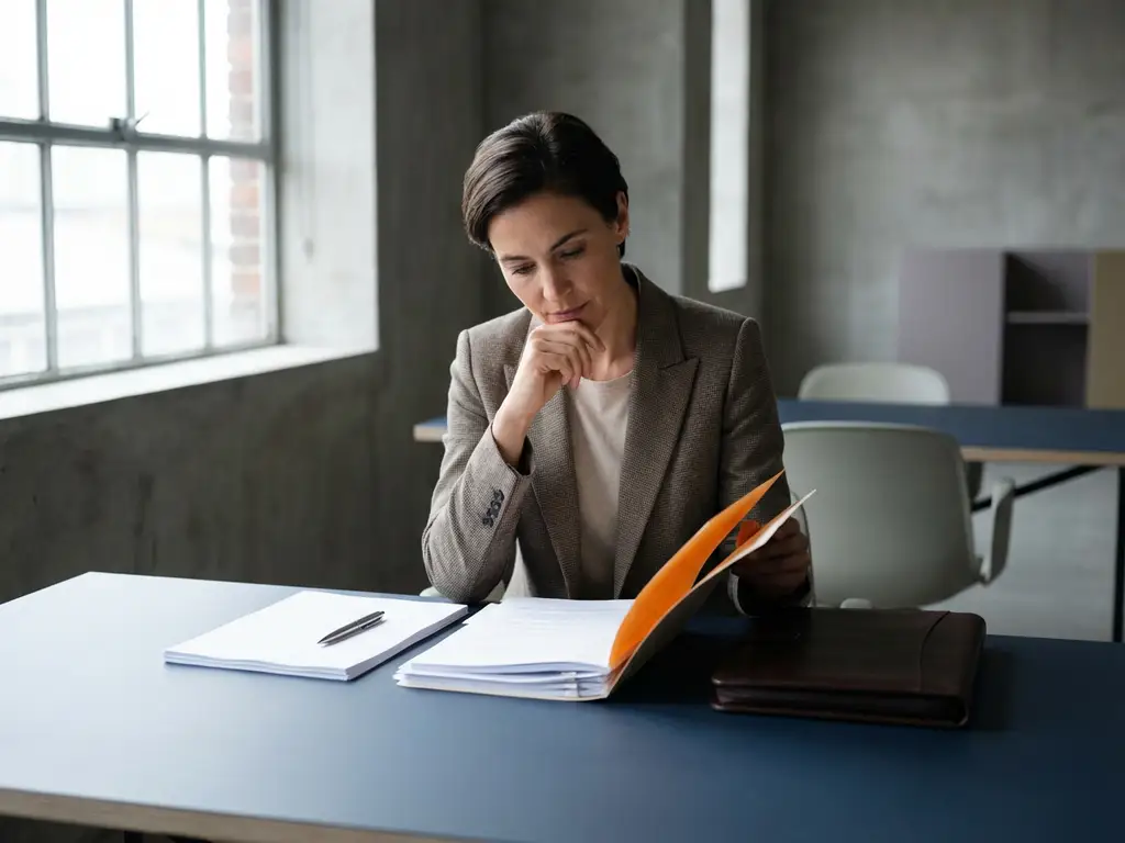Professionele zakenvrouw bekijkt documenten aan modern marineblauw bureau met oranje accenten in minimalistisch kantoor