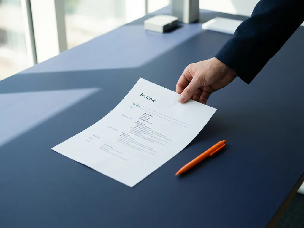 Professionele hand plaatst wit cv-document op donkerblauw bureau met oranje pen, natuurlijk daglicht en minimalistische sfeer.