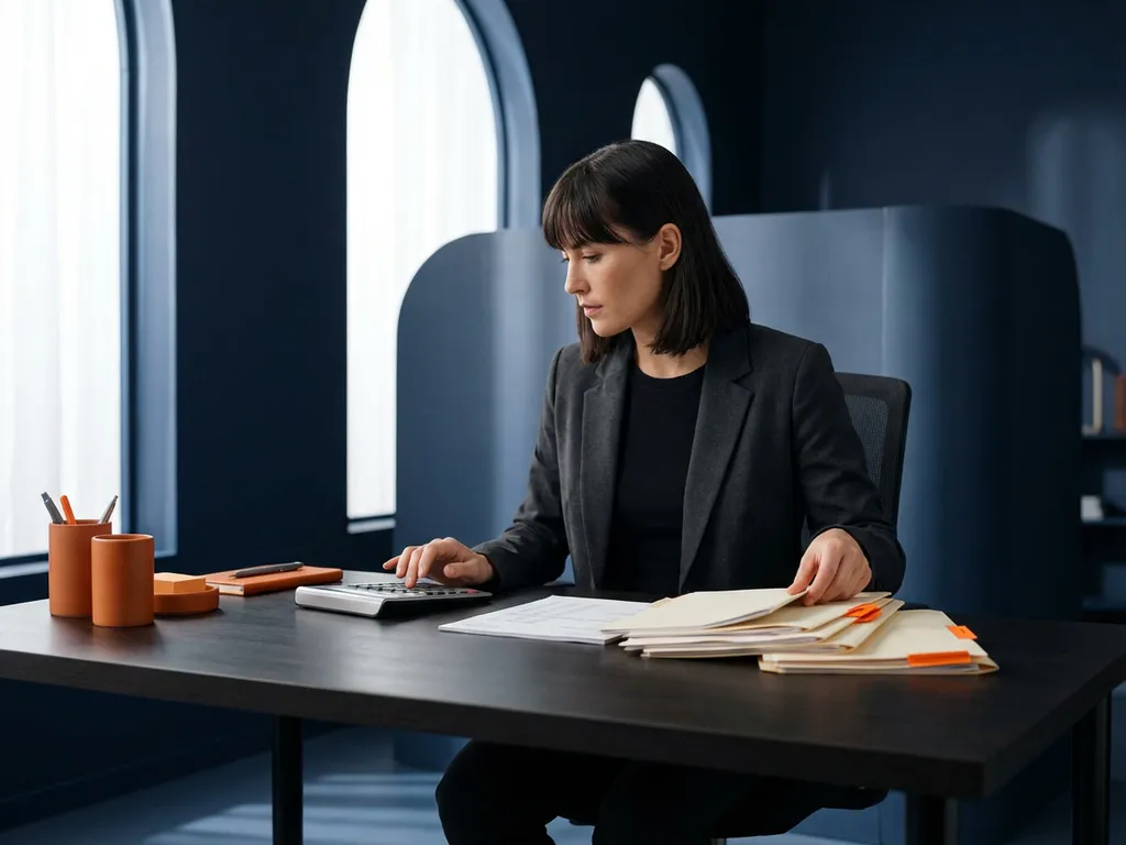 Professionele medewerker organiseert financiële documenten aan modern bureau met rekenmachine in marineblauw kantoor