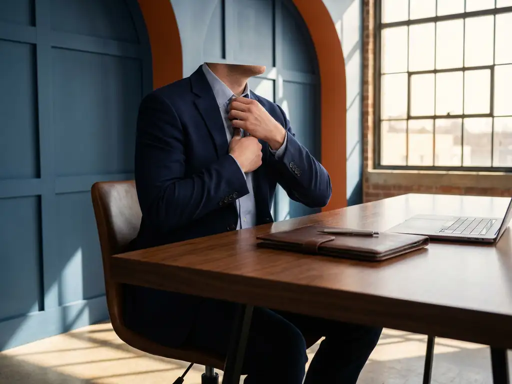 Zelfverzekerde professional in marineblauw colbert aan minimalistisch bureau met portfolio in moderne kantooromgeving