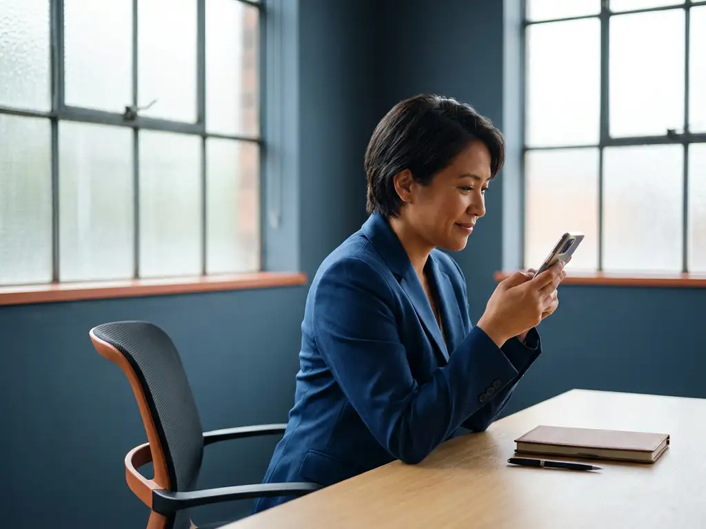 Professionele zakenvrouw bekijkt smartphone aan minimalistisch bureau in modern kantoor met natuurlijk daglicht